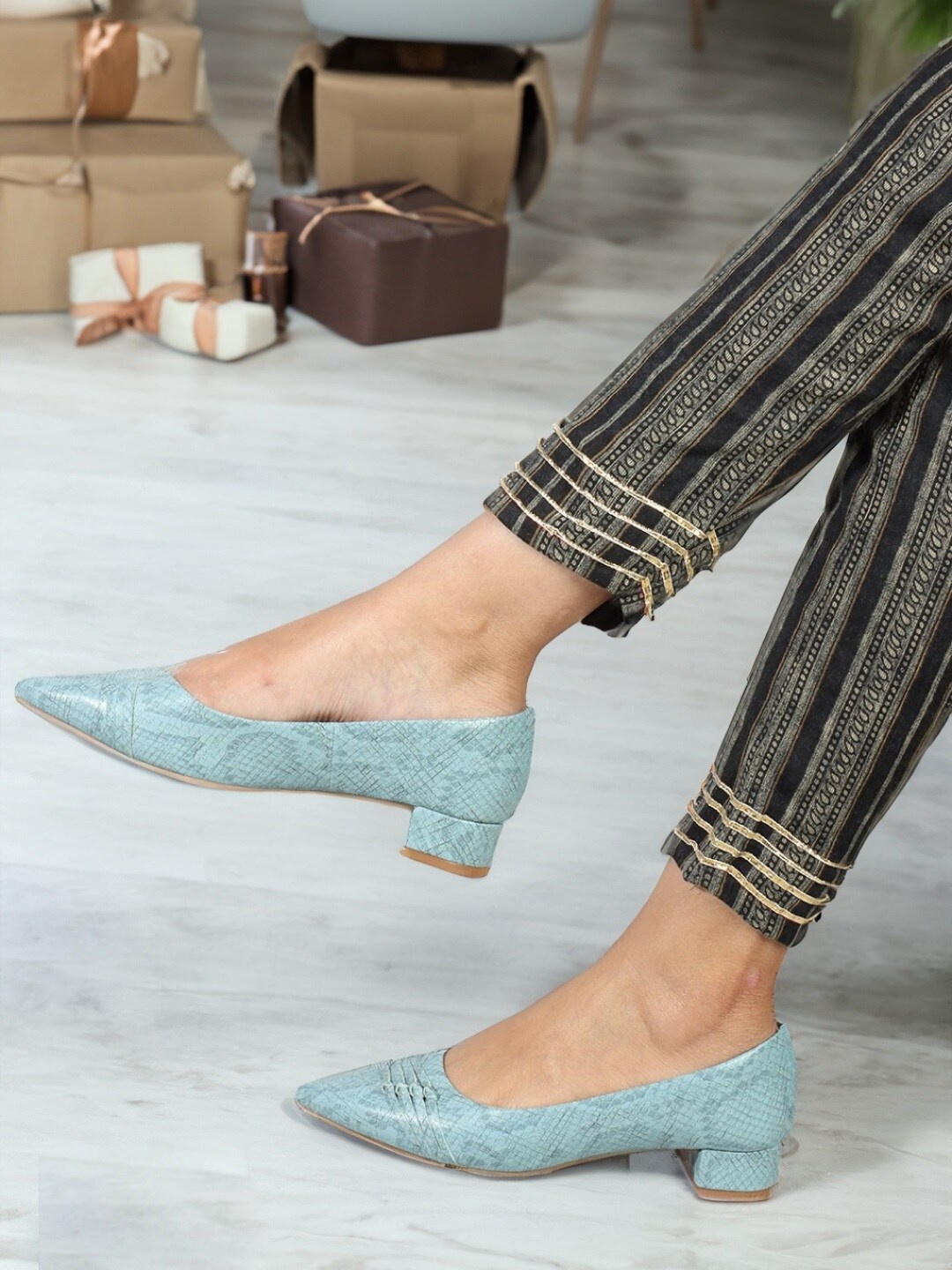 

Carlton London Printed Pointed Toe Block Heeled Pumps, Blue