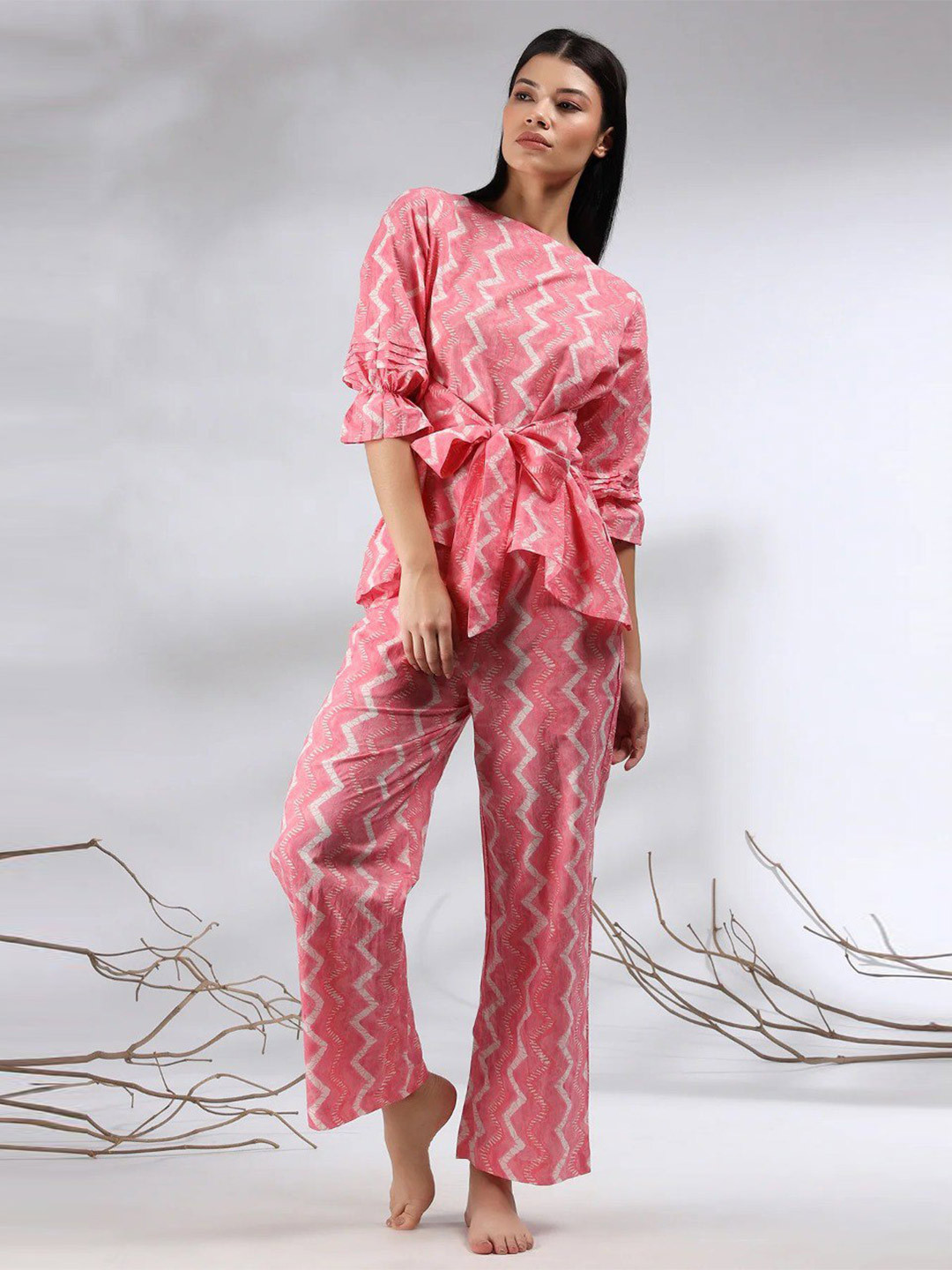 

ISHA TRADE Striped Boat Neck Tie Up Top With Trouser, Pink