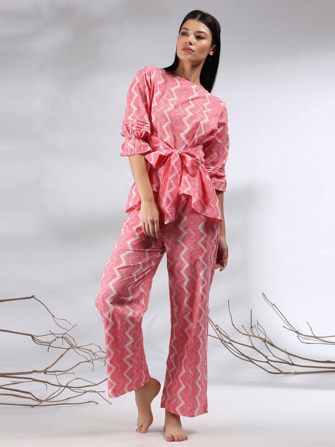 

ISHA TRADE Striped Boat Neck Tie Up Top With Trouser, Pink
