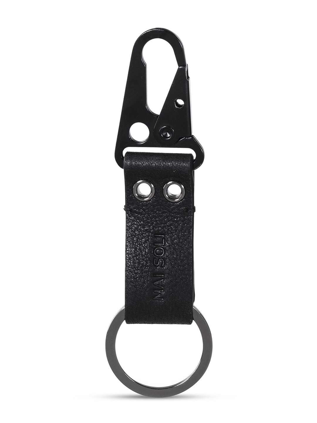 

MAI SOLI Vintage Leather Metal Keychain With Push In Lock & Ring, Black