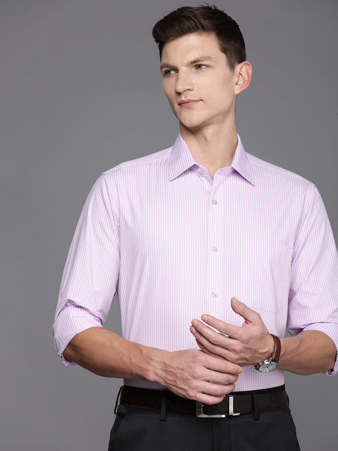 

Raymond Men Pure Cotton Striped Formal Shirt, Lavender