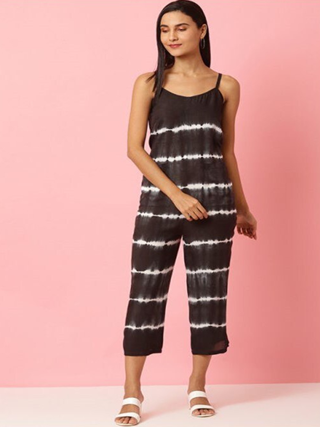 

Aila Shoulder Straps Cotton Striped Capri Jumpsuit, Black