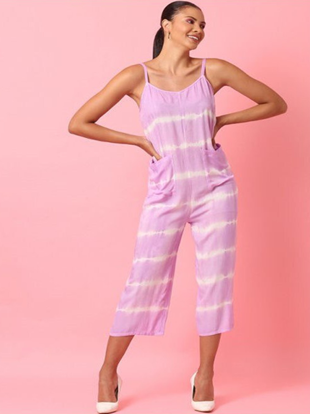 

Aila Shoulder Straps Striped Cotton Capri Jumpsuit, Lavender