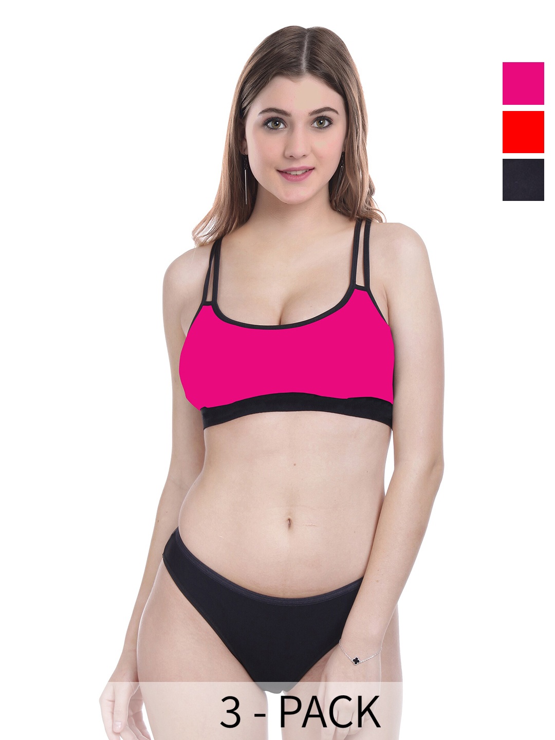

Aamarsh Pack Of 3 Mid-Rise Cotton Mid-Rise Briefs & Non Padded Bra, Red