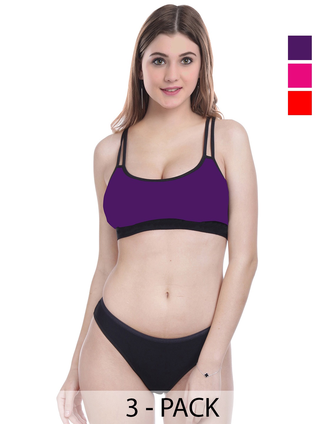 

Aamarsh Pack Of 3 Cotton Mid-Rise Briefs & Non Padded Bra, Red