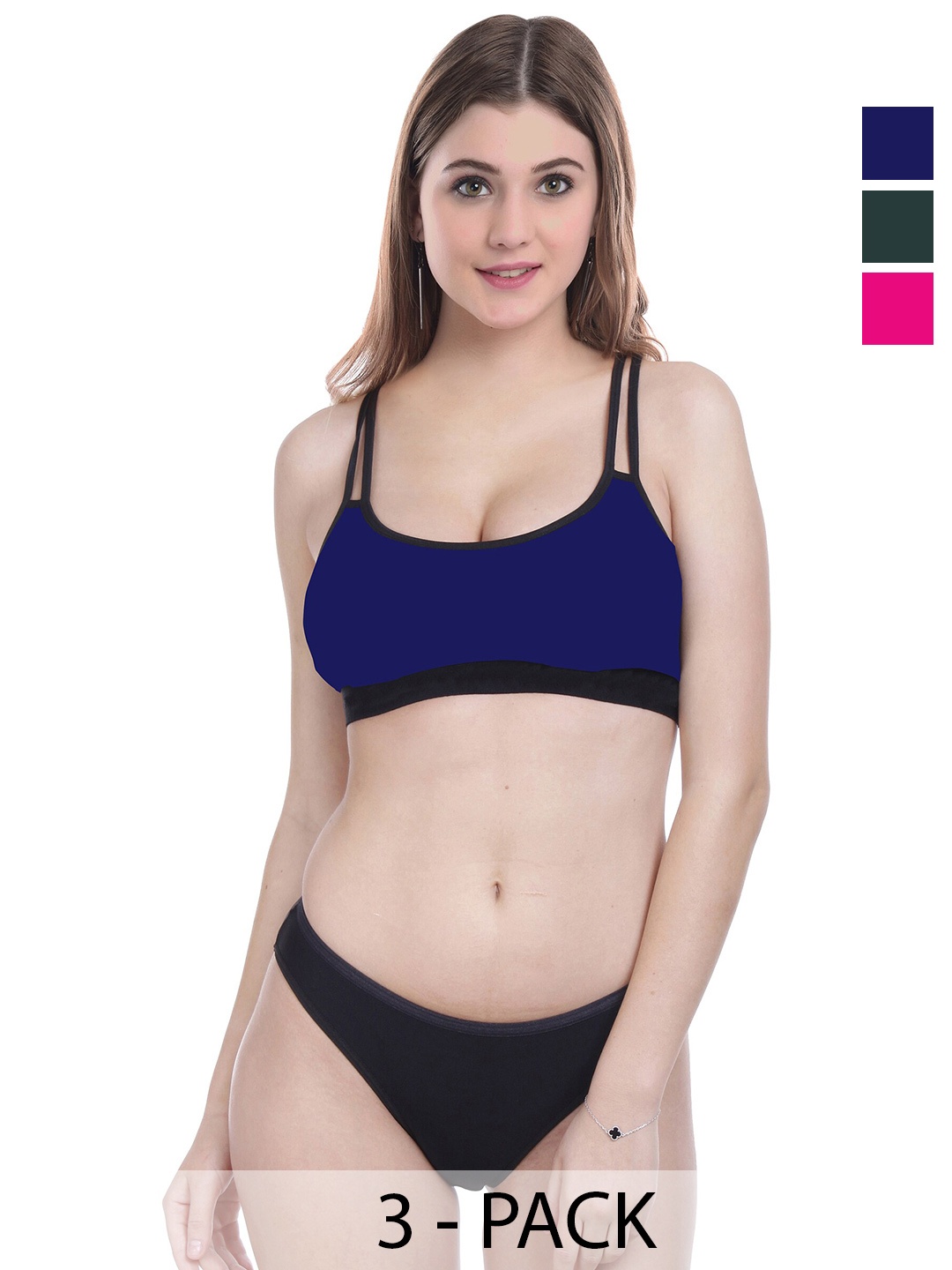 

Aamarsh Pack Of 3 Non Padded Cotton Lingerie Set, Navy blue