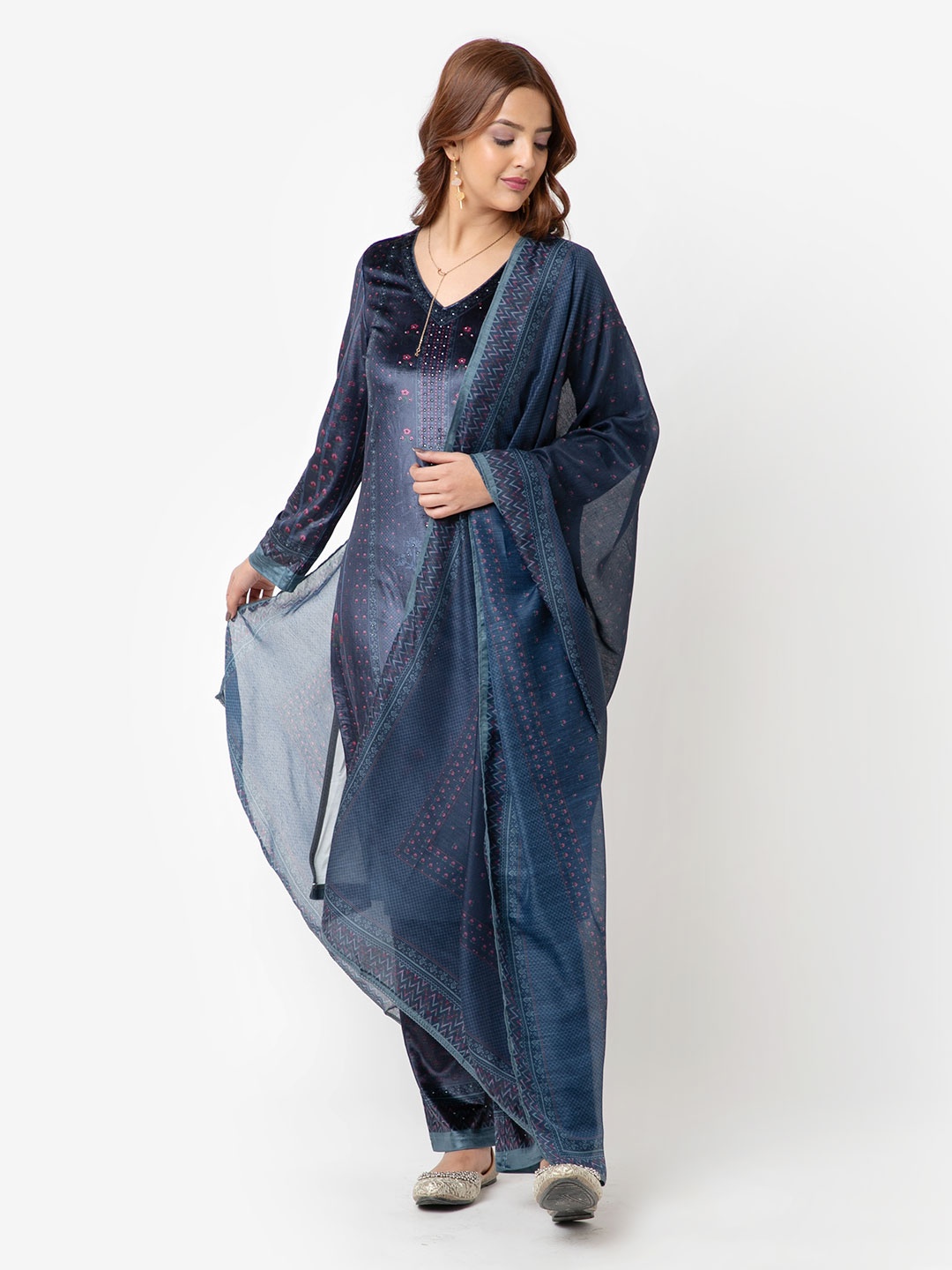 

Lakshita Floral Printed Beads and Stones Velvet Straight Kurta with Trousers & Dupatta, Grey