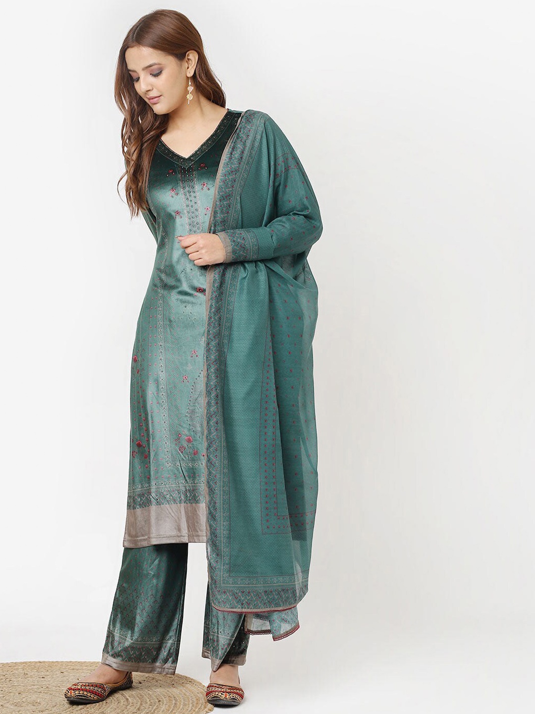 

Lakshita Ethnic Motifs Printed Neck Straight Kurta with Palazzos & Dupatta, Green