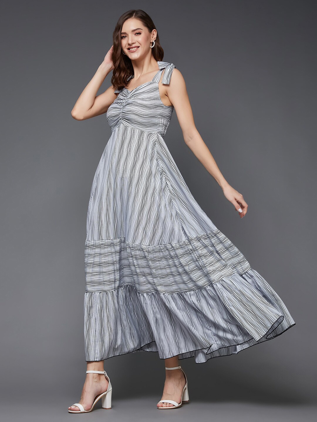 

Miss Chase Shoulder Straps Striped Tiered Fit and Flare Dress, Black