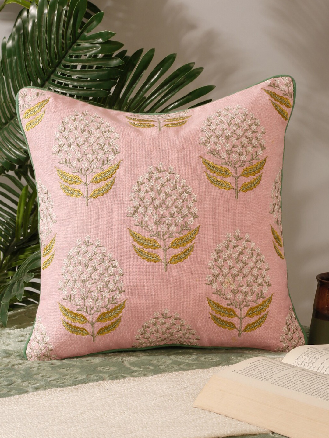 

NISRAG HOME Pink & White Floral Embroidered Cotton Square Cushion Covers