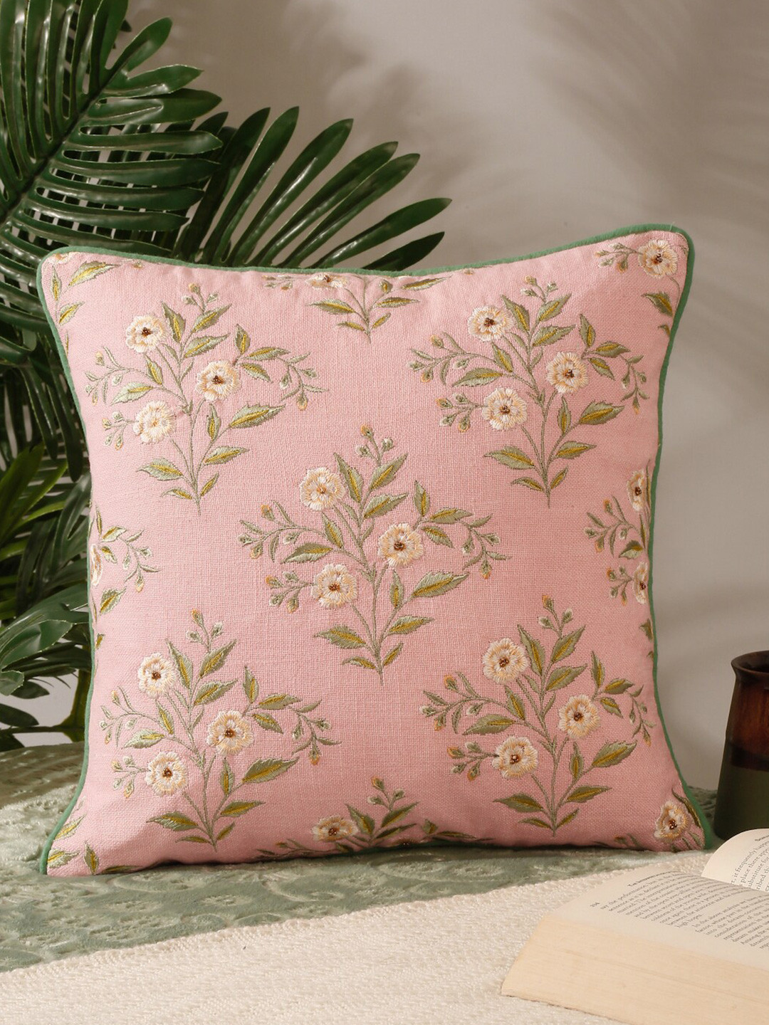 

NISRAG HOME Pink & Green Floral Embroidered Square Cushion Cover