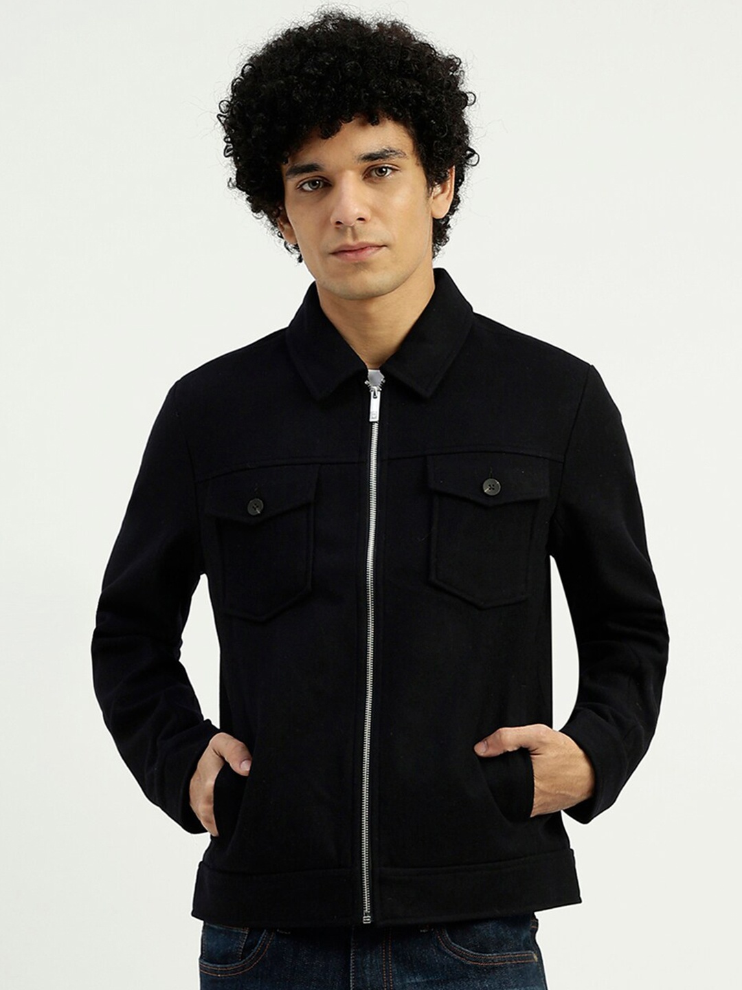 

United Colors of Benetton Spread Collar Zipper Jacket, Black