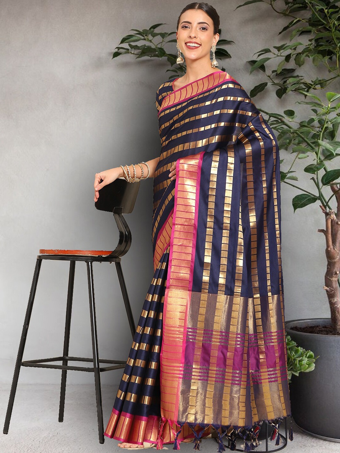 

KALINI Striped Woven Design Zari Art Silk Saree, Navy blue