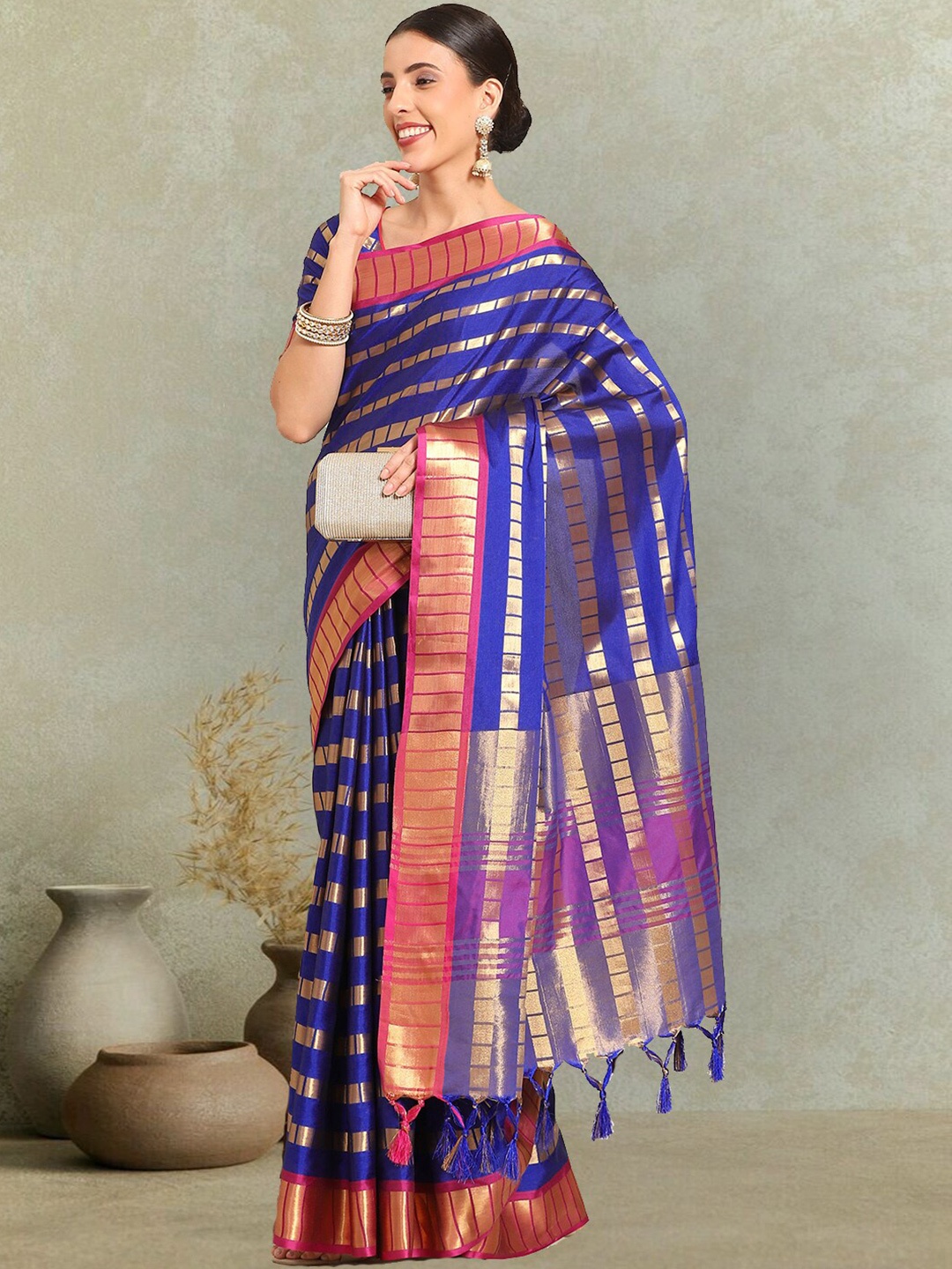 

KALINI Striped Woven Design Zari Art Silk Saree, Blue