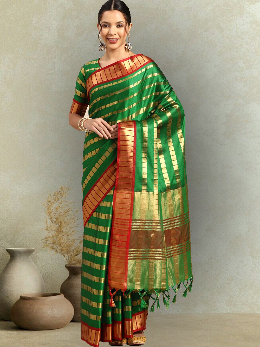 

KALINI Striped Woven Design Zari Art Silk Saree, Green