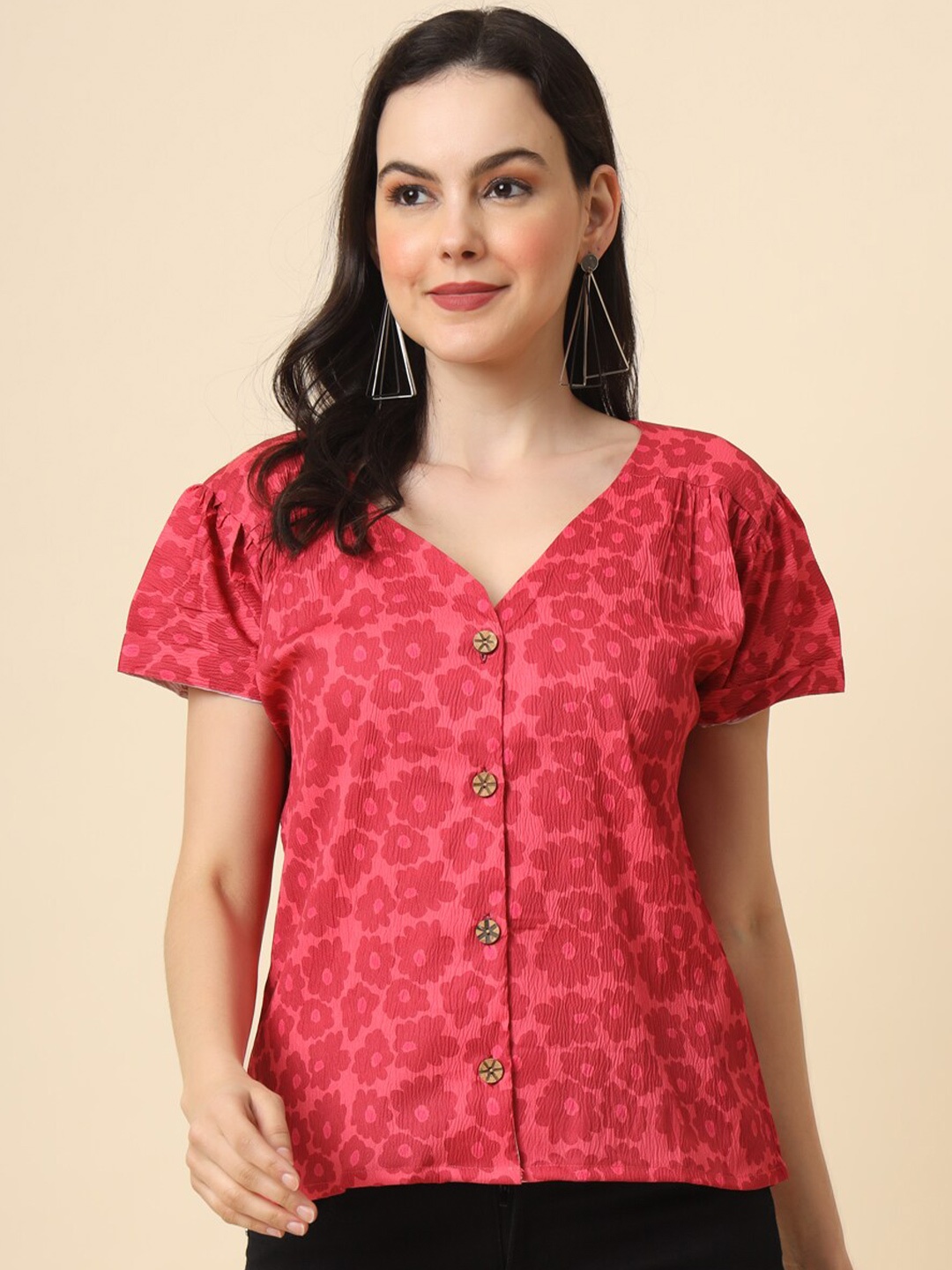 

HERE&NOW Straight Floral Opaque Printed Casual Shirt, Red