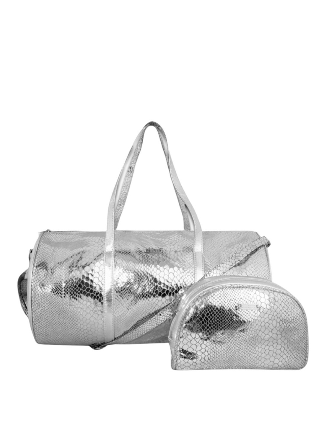 

STRUTT Textured Leather Drum Duffel Bag with Toiletry Kit, Silver