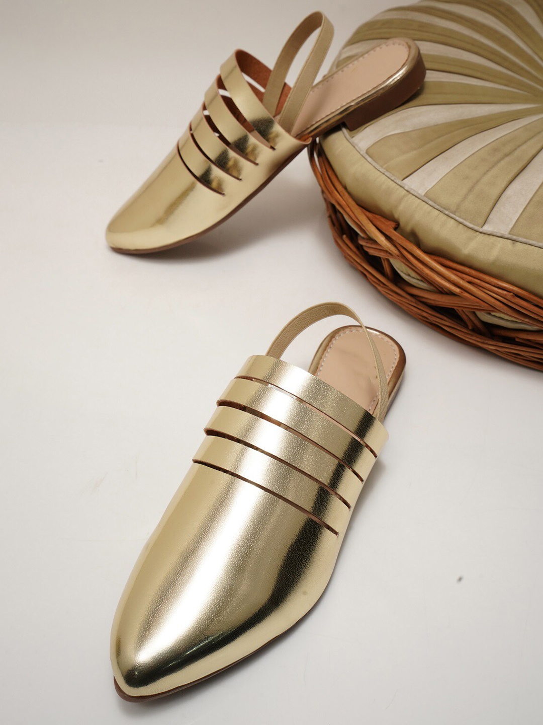 

Try Me Pointed Toe Backstrap Mules, Gold