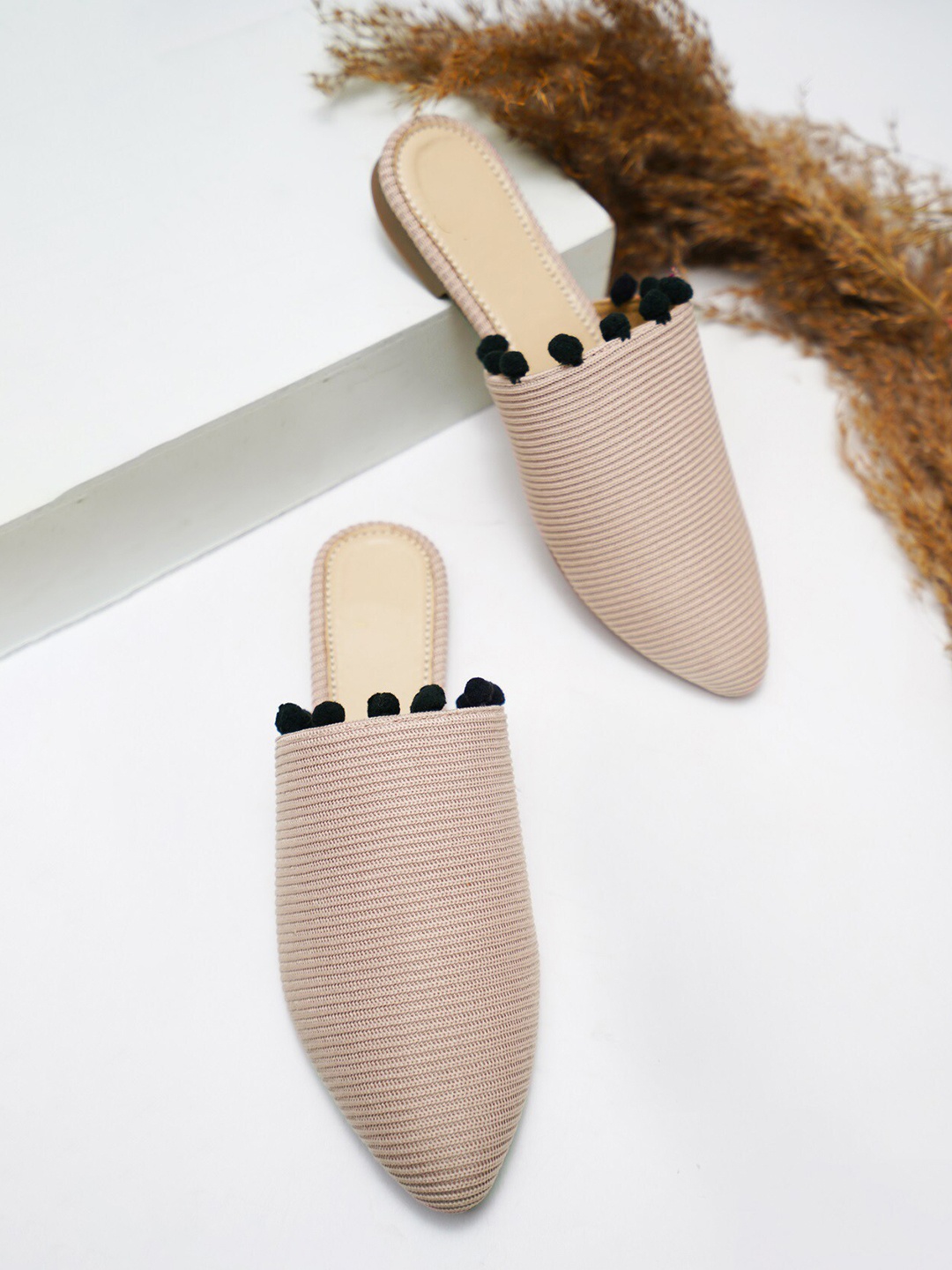 

Try Me Textured Pom- Pom Embellished Pointed Toe Mules, Peach