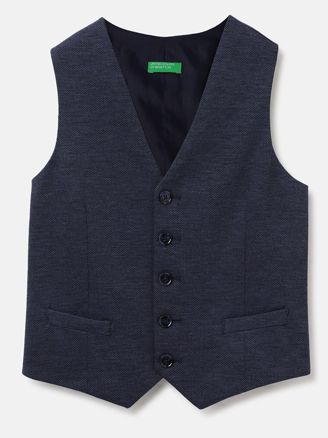 

United Colors of Benetton Boys Textured V-Neck Sleeveless Woven Waistcoat, Navy blue