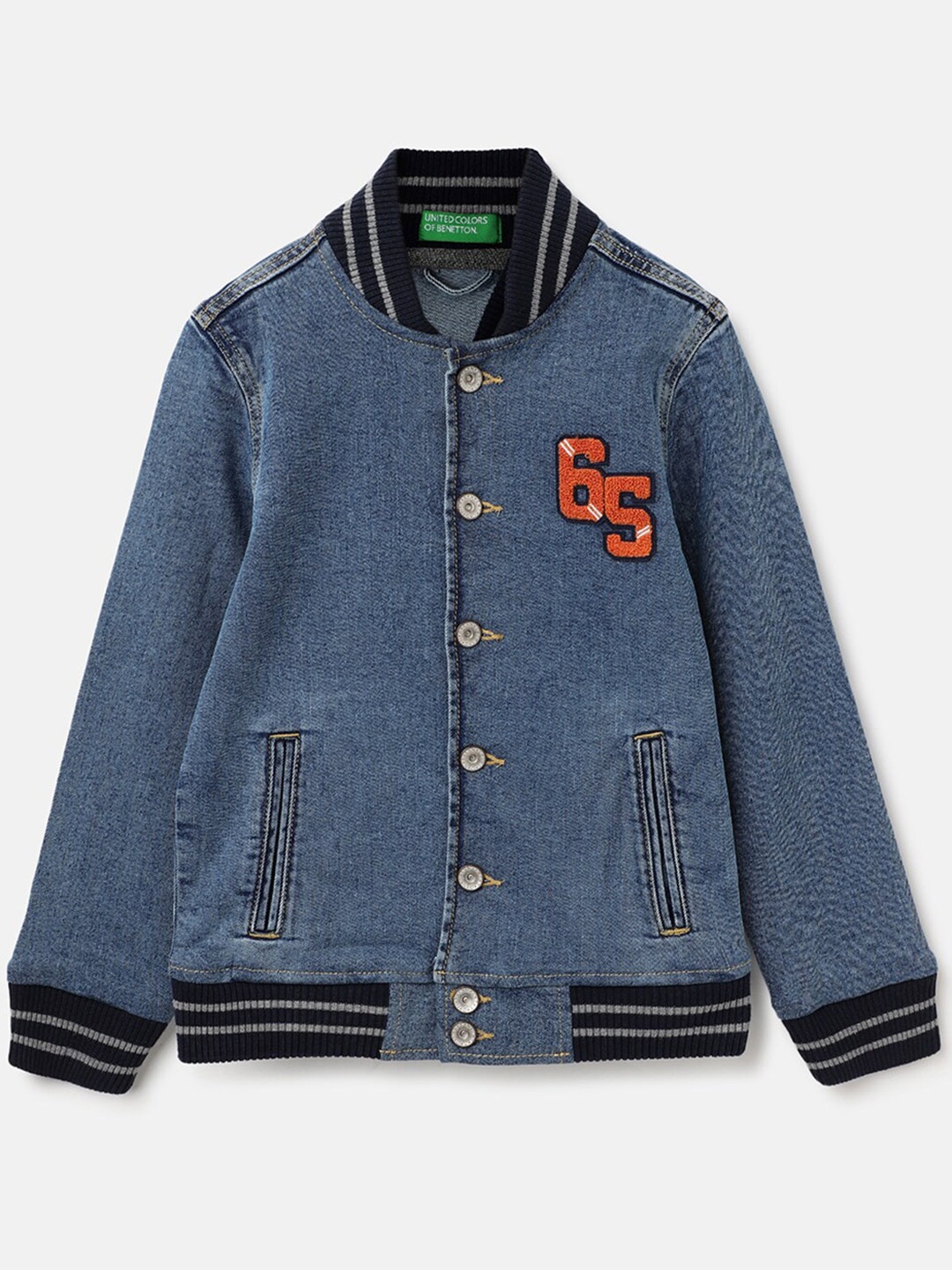 United Colors of Benetton Boys Mandarin Collar Denim Jacket, Blue