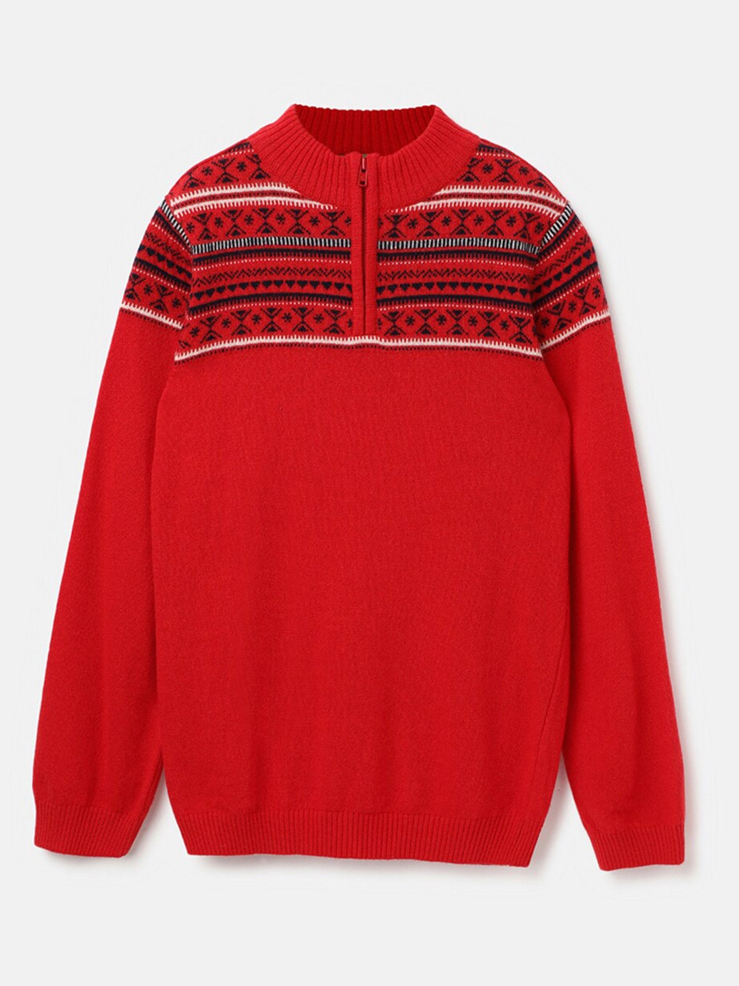 

United Colors of Benetton Boys Geometric Printed Turtle Neck Half Zipper Pullover Sweater, Red