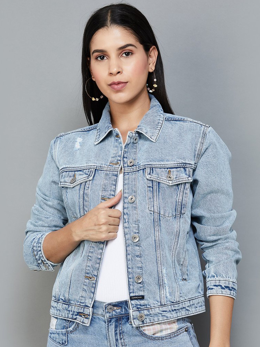 

Xpose Spread Collar Lightweight Pure Cotton Crop Denim Jacket, Blue