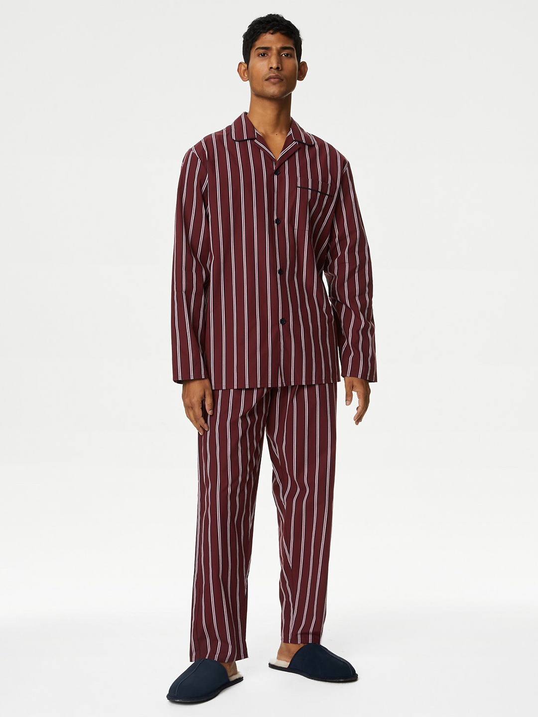 

Marks & Spencer Striped Lapel Collar Pure Cotton Night suit, Maroon