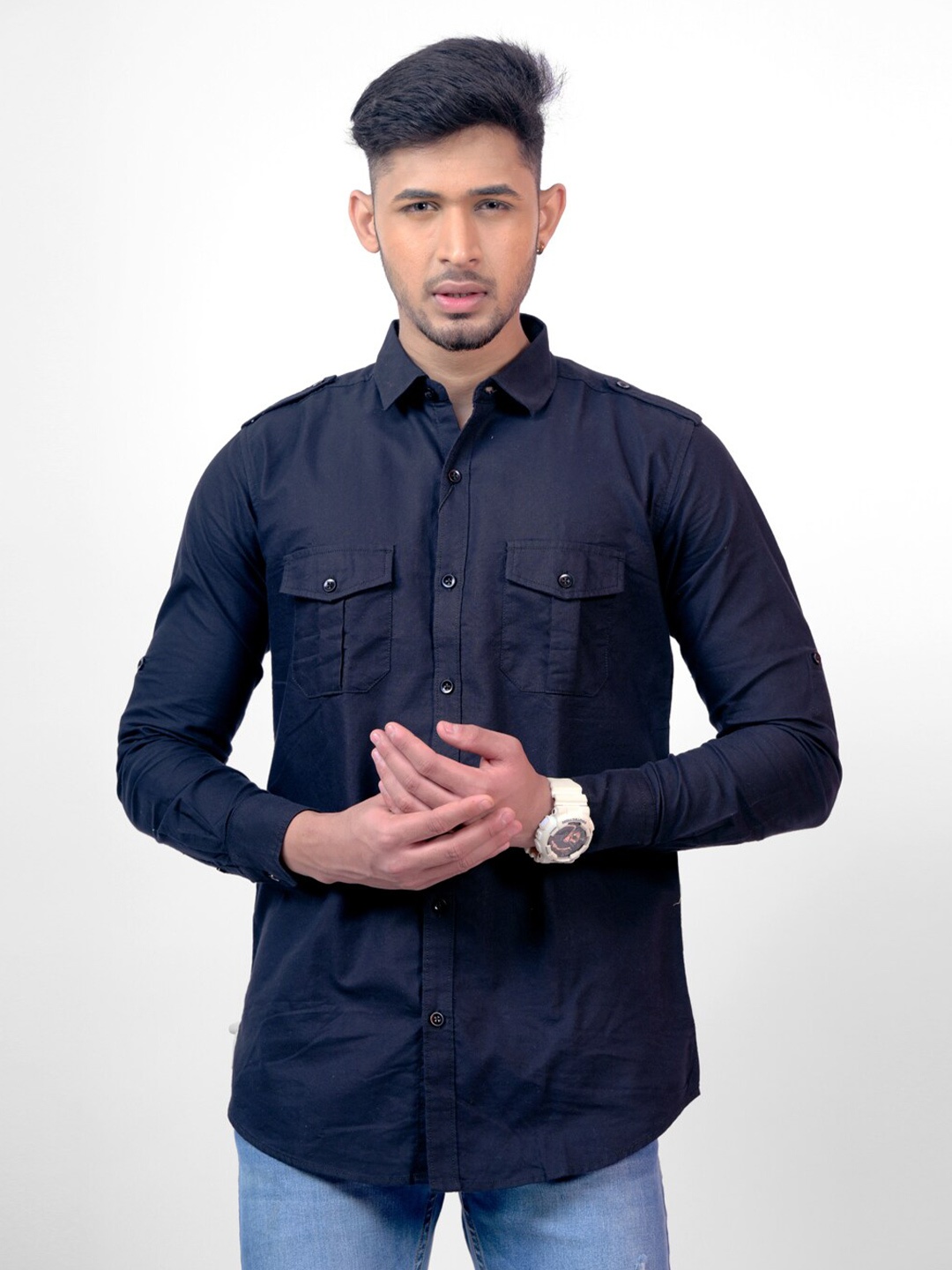 

Pontiac Spread Collar Opaque Cotton Casual Shirt, Black