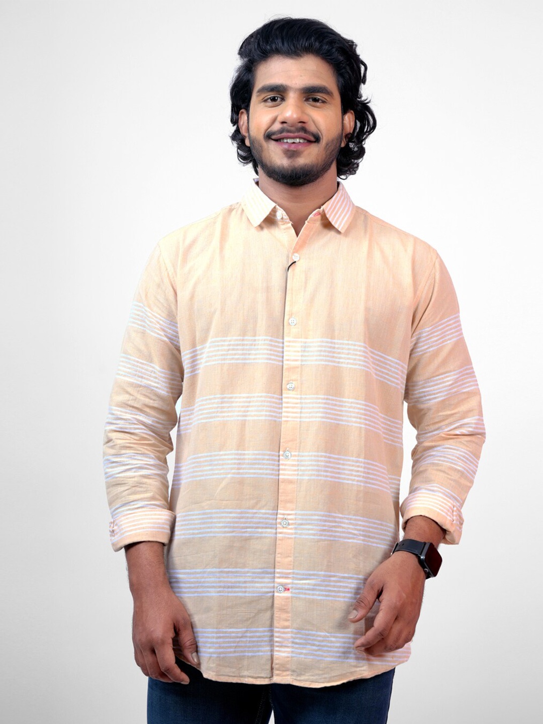 

Pontiac Horizontal Stripes Opaque Striped Cotton Casual Shirt, Peach