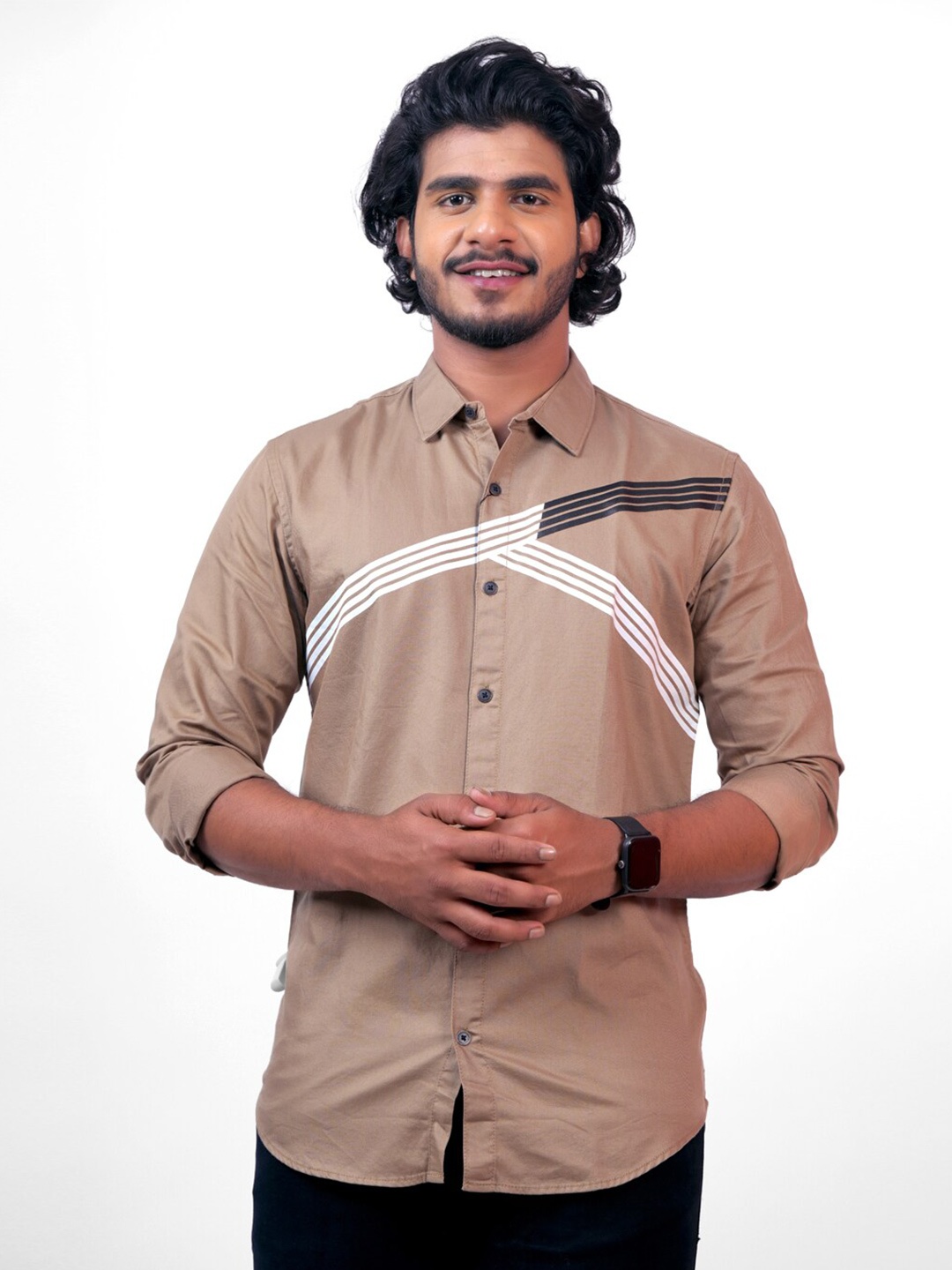 

Pontiac Striped Opaque Cotton Spread Collar Casual Shirt, Brown