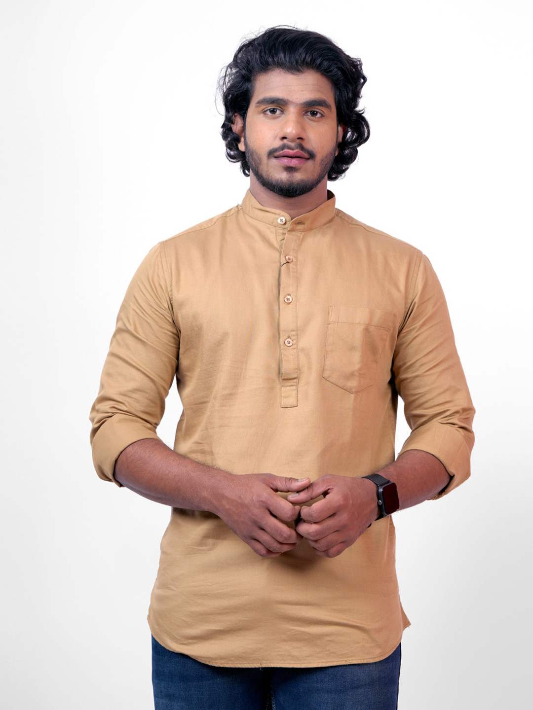 

Pontiac Opaque Casual Cotton Mandarin Collar Shirt, Beige