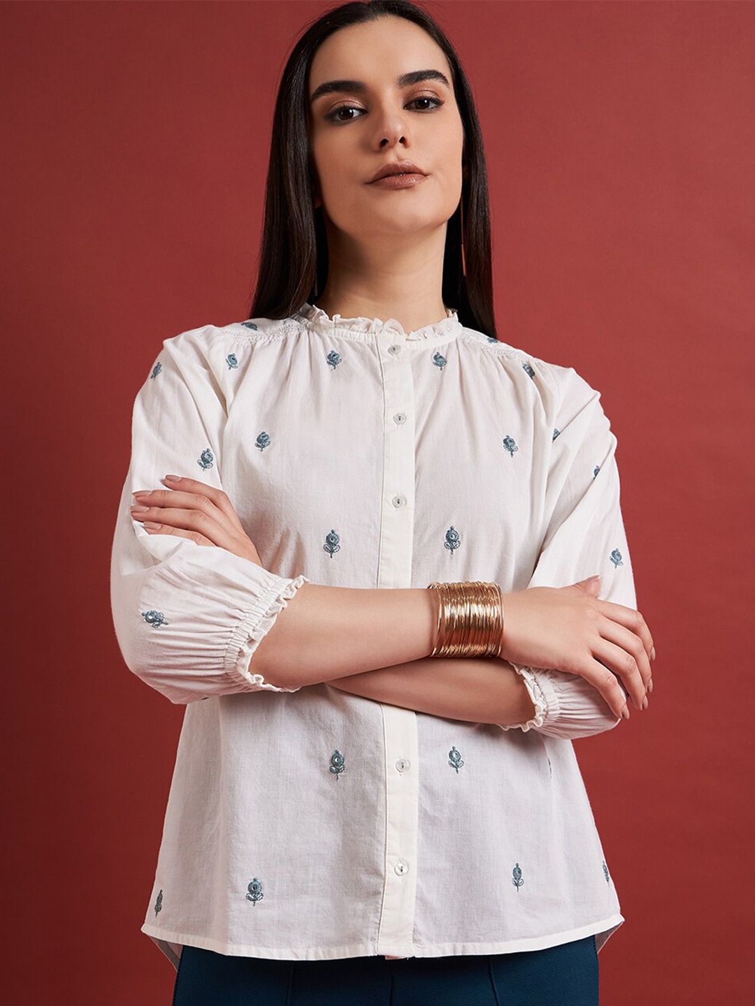 

DressBerry Embroidered Mandarin Collar Cotton Shirt Style Top, White