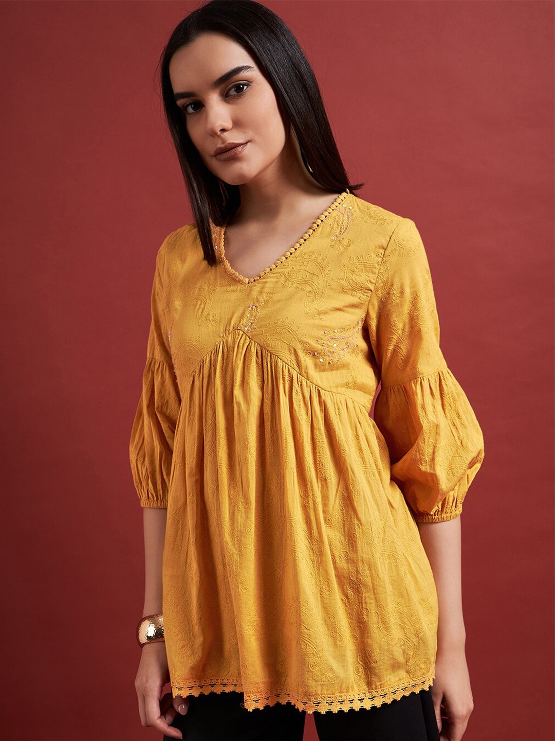 

DressBerry Embroidered Cotton Top, Yellow