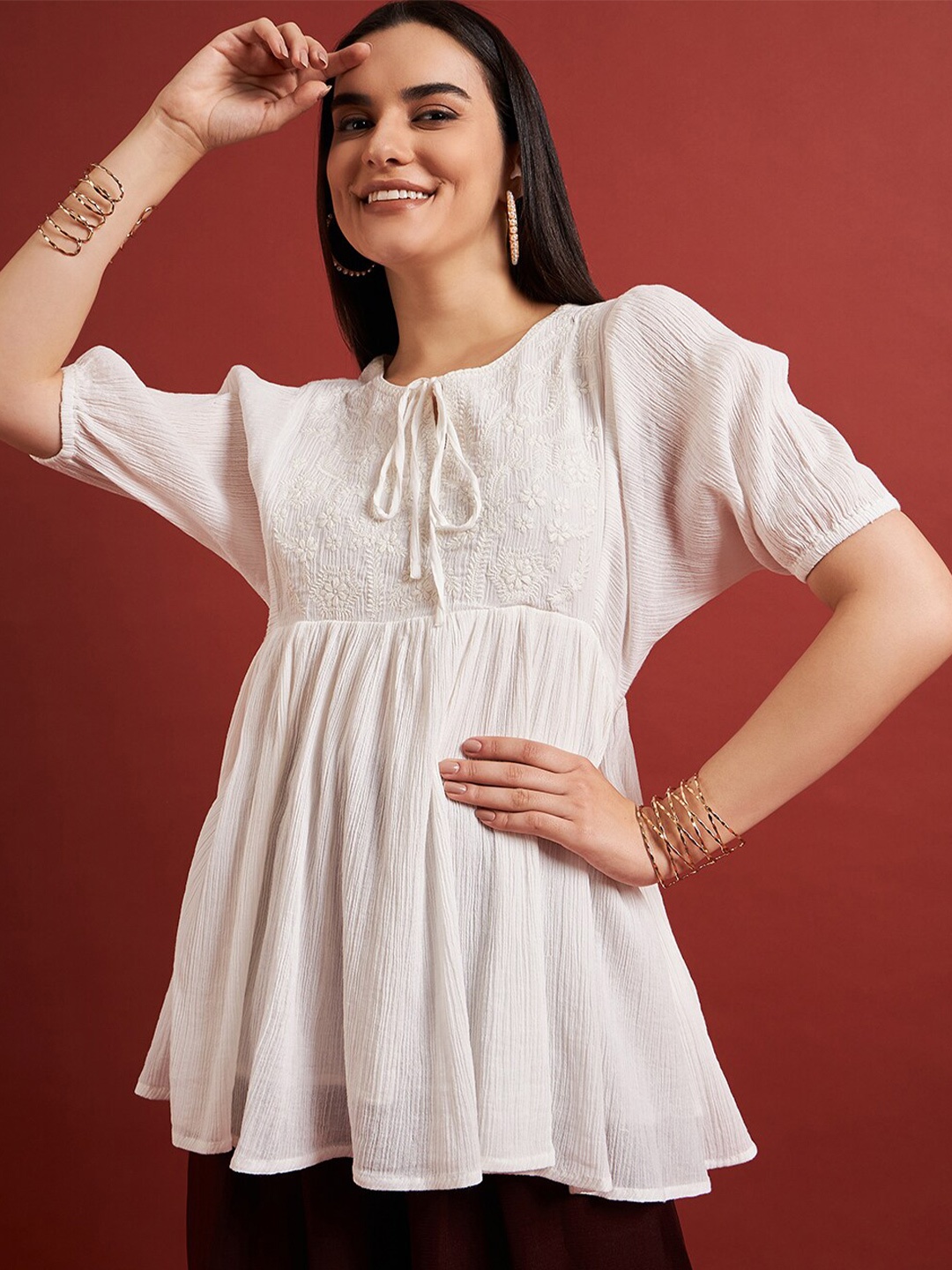 

DressBerry Embroidered Round Neck Puff Sleeve Cotton Top, Off white