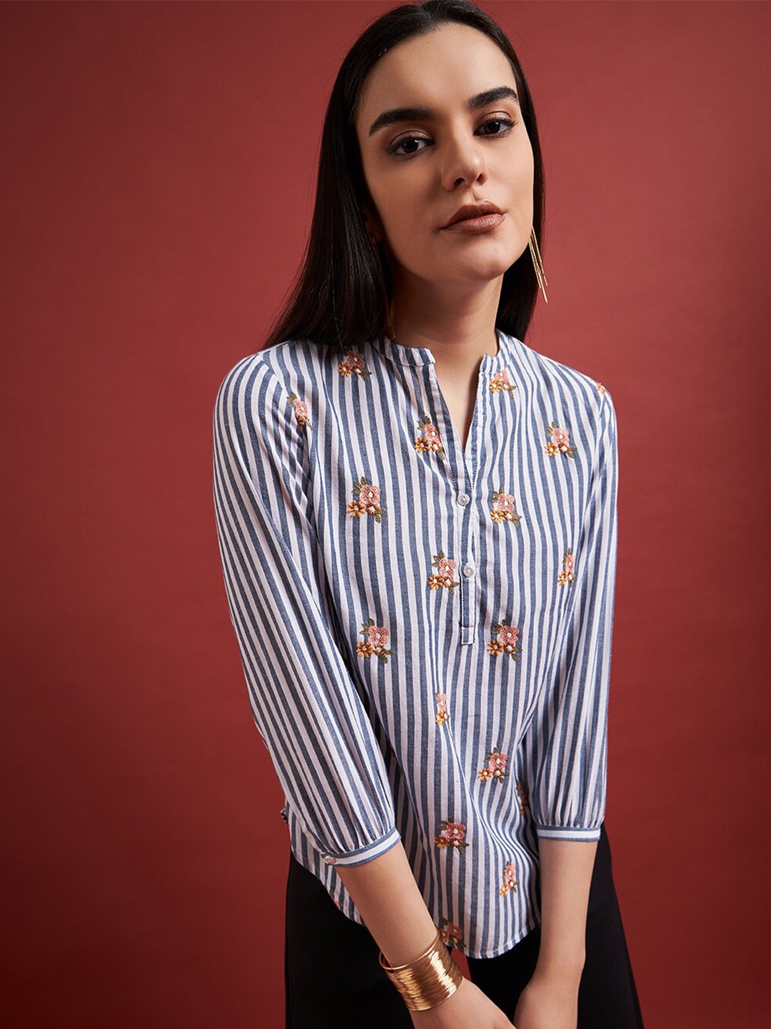 

DressBerry Blue Striped Mandarin Collar Pure Cotton Shirt Style Top