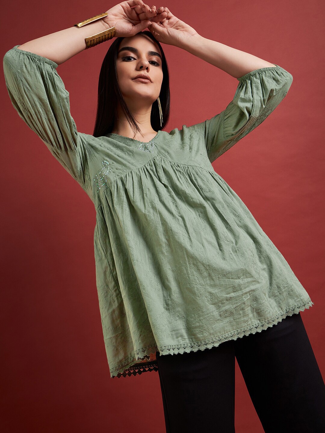

DressBerry Embroidered Puff Sleeve Cotton Top, Green