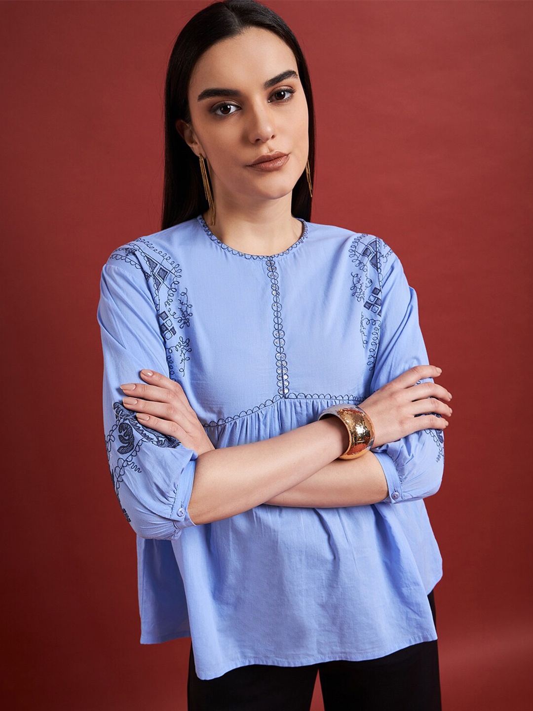 

DressBerry Embroidered Round Neck Puff Sleeve Cotton Top, Blue