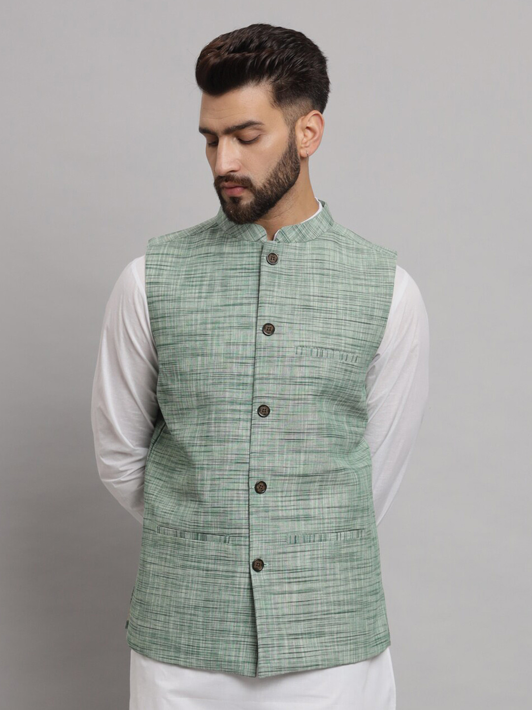 

Latest Chikan Garments Mandarin Collar Nehru Jacket, Green