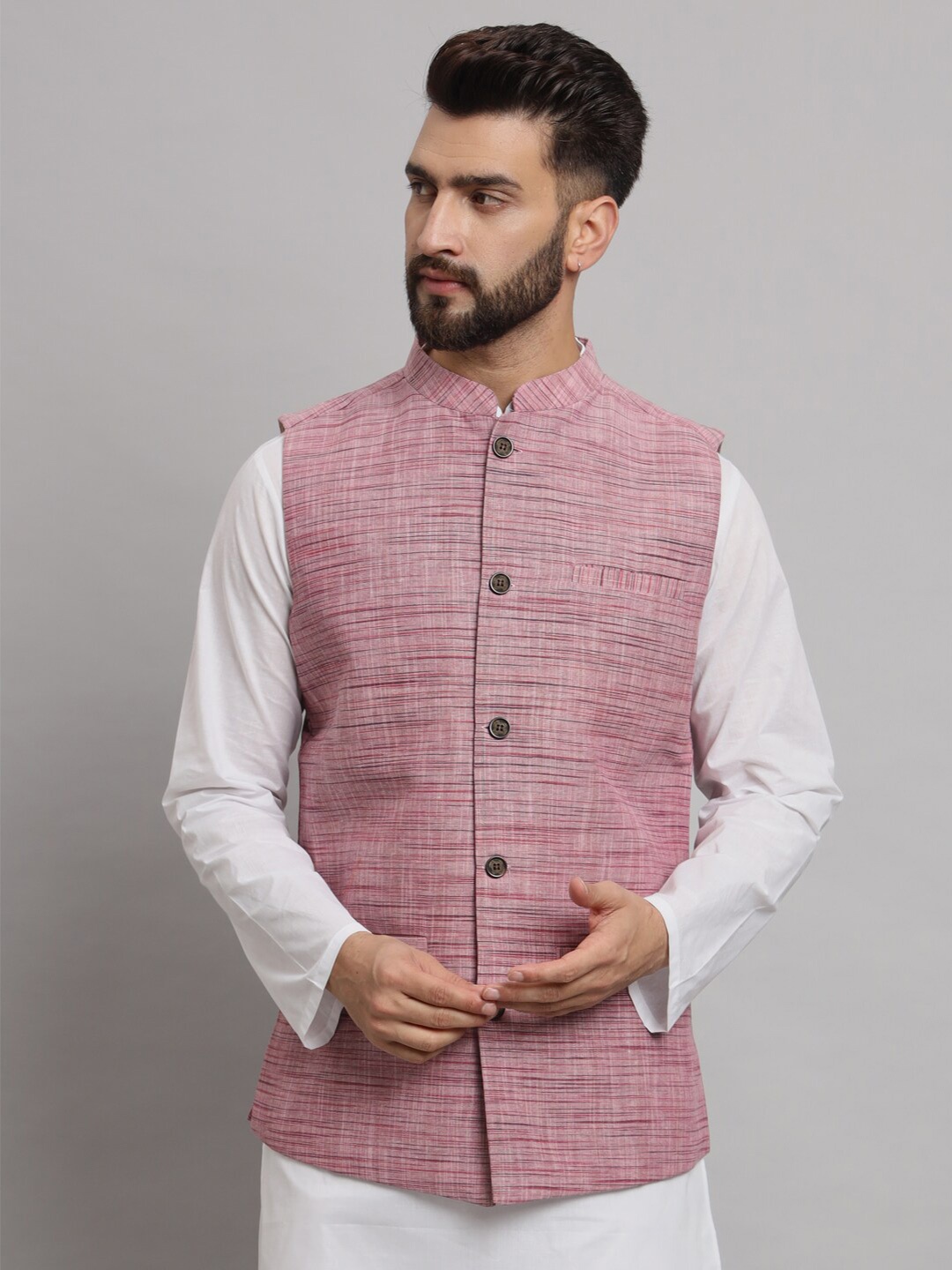 

Latest Chikan Garments Self Design Mandarin Collar Nehru Jacket, Pink