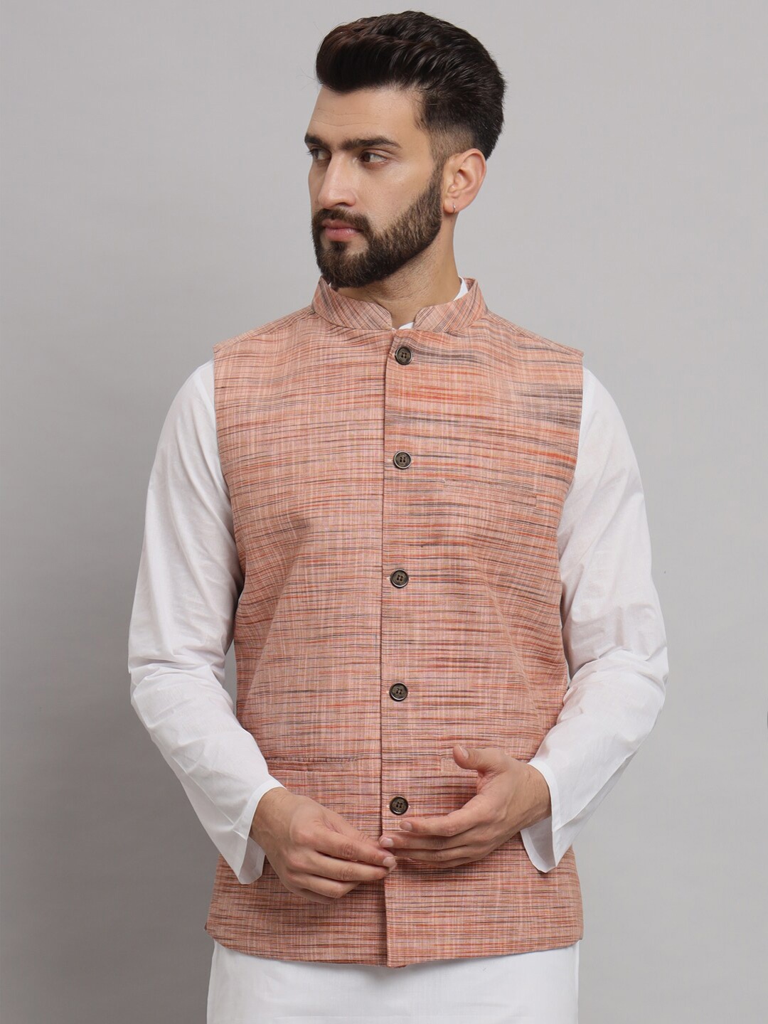 

Latest Chikan Garments Mandarin Collar Nehru Jacket, Rust