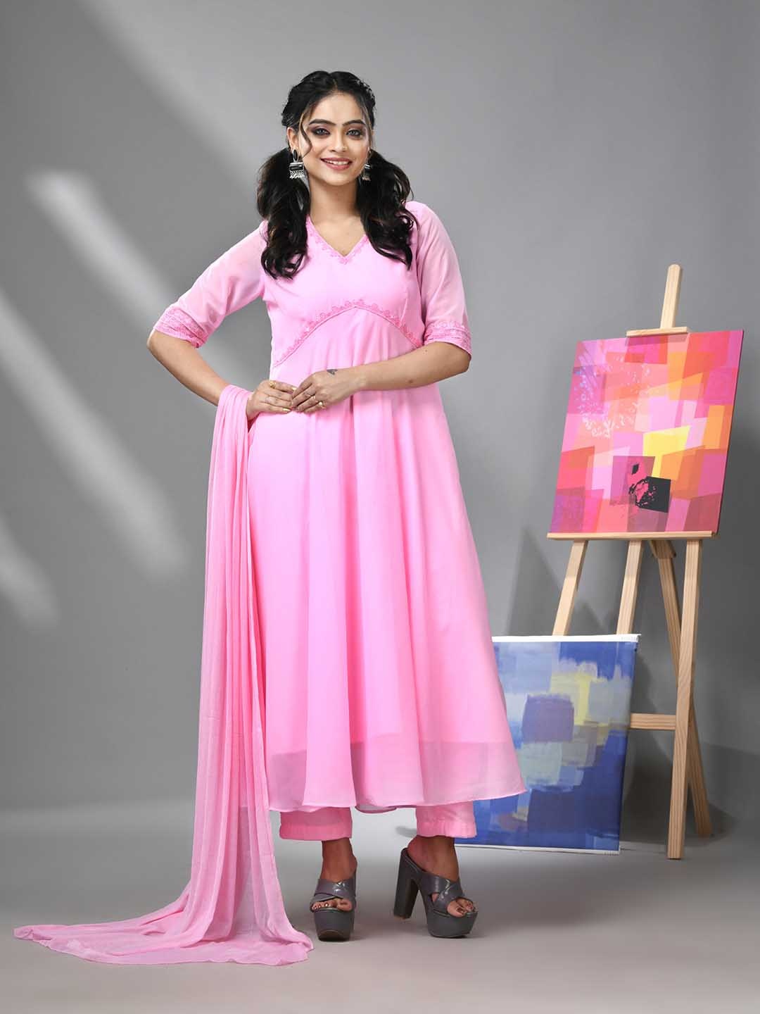 

Charukriti Floral Yoke Design Empire Gotta Patti Kurta with Trousers & Dupatta, Pink