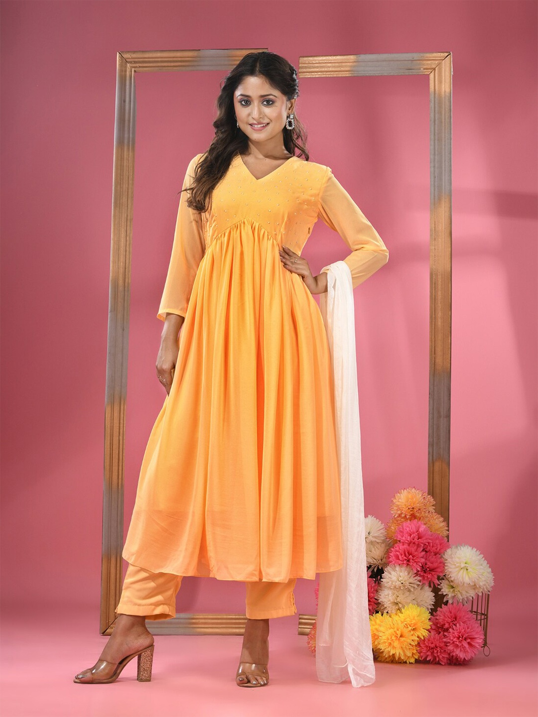 

Charukriti V-Neck Calf Length Anarkali Kurti with Trousers & Dupatta, Yellow