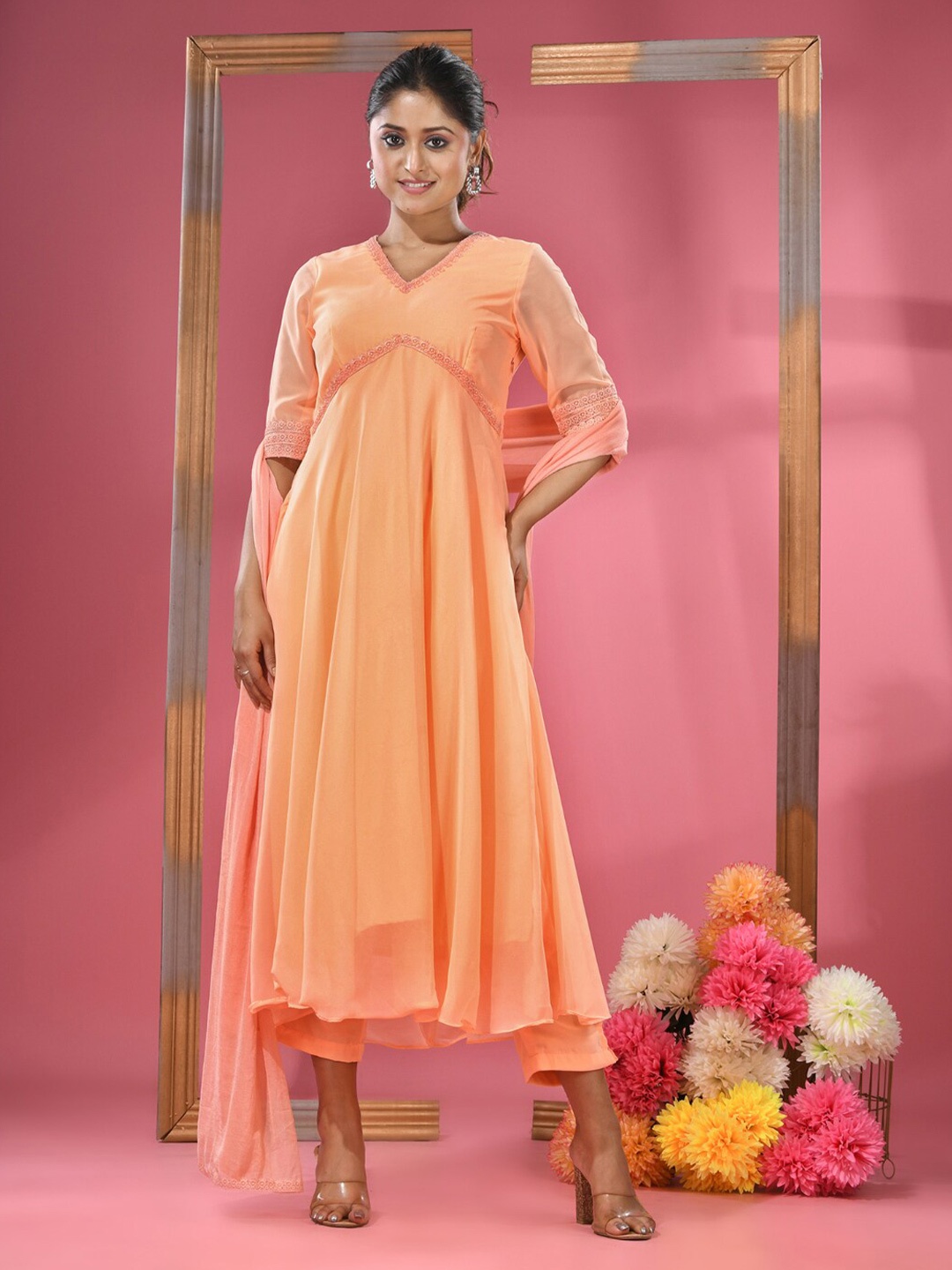 

Charukriti Yoke Design Empire Thread Work Kurta with Trousers & Dupatta, Peach