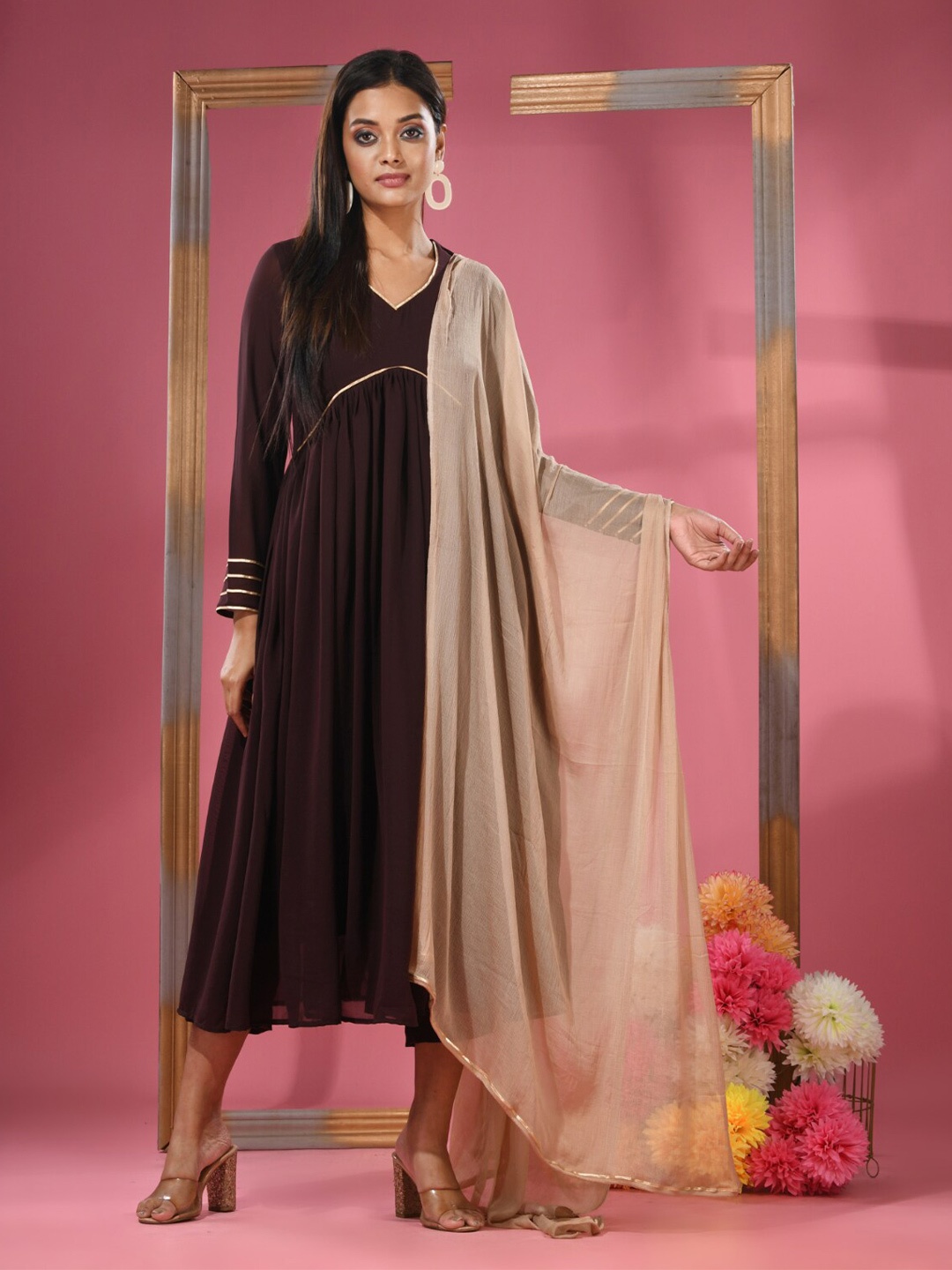 

Charukriti Empire Gotta Patti Georgette Kurta With Trouser & Dupatta, Brown