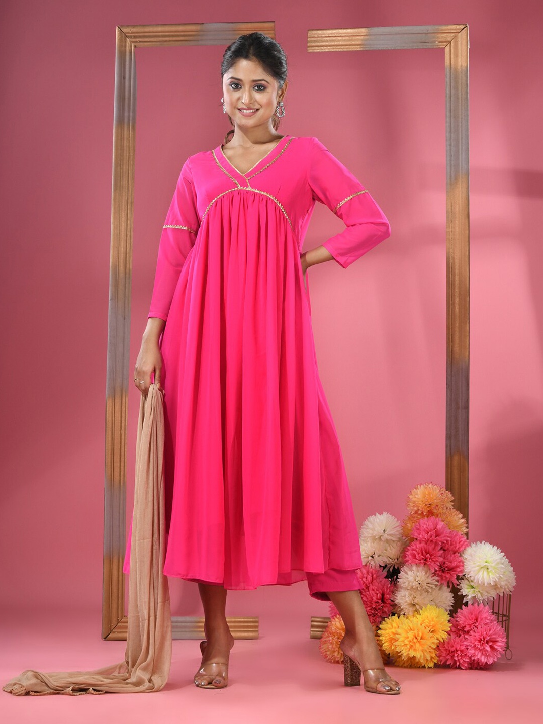 

Charukriti V-Neck Calf Length Anarkali Kurti with Trousers & Dupatta, Pink