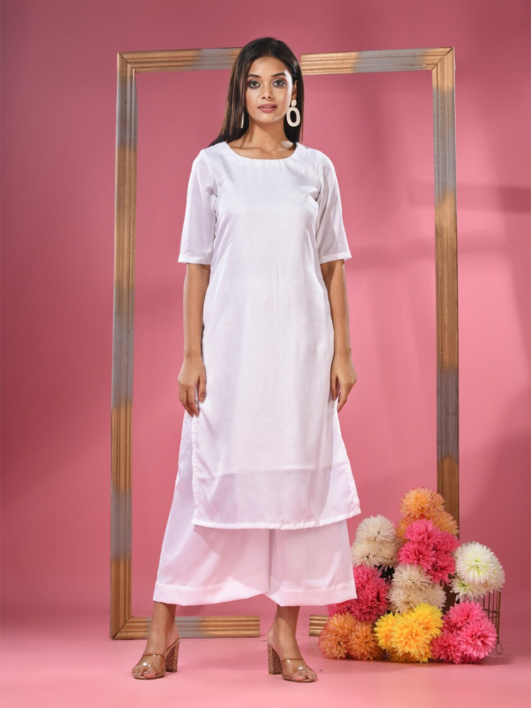 

Charukriti Straight Round Neck Short Sleeves Kurta with Palazzos, White