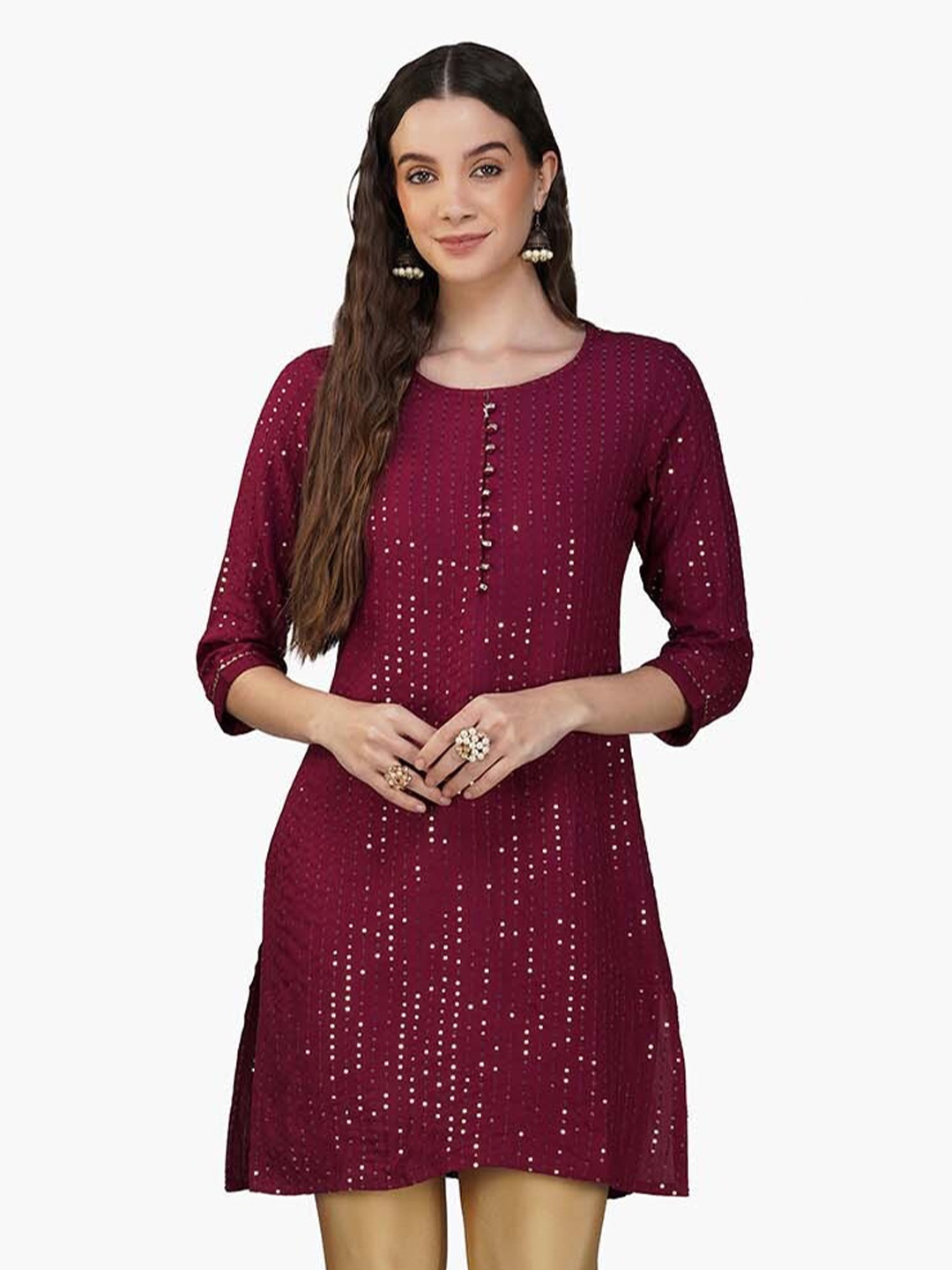 

INDIAN KNOTS Round Neck Sequinned Straight Kurti, Maroon