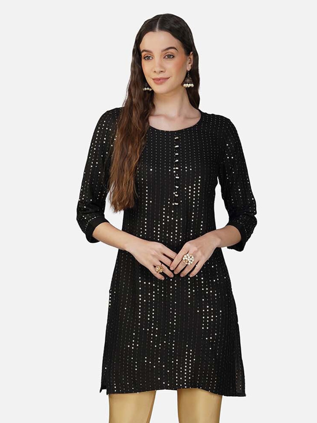 

INDIAN KNOTS Round Neck Sequinned Straight Kurti, Black