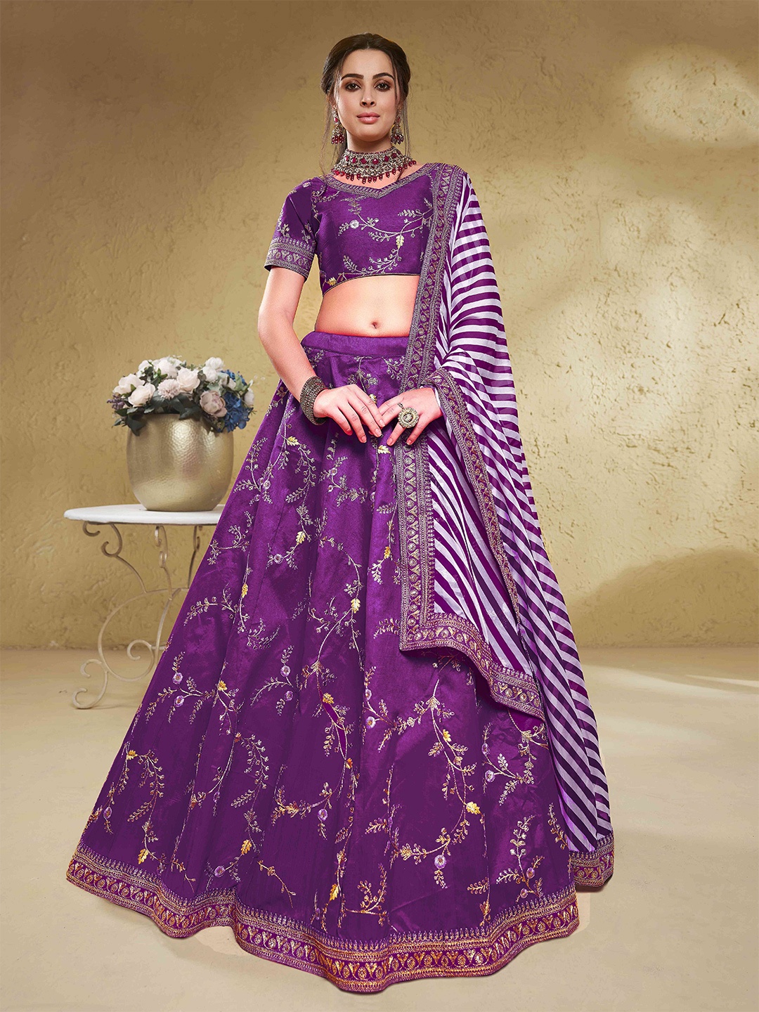 

FABPIXEL Embroidered Sequinned Semi-Stitched Lehenga & Unstitched Blouse With Dupatta, Purple